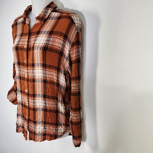 Jane and Delancey Women Shirt Plaid Button Long Tab Sleeve Orange Crinkle Medium - Picture 5 of 12